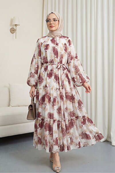 Modamorfo Φόρεμα σιφόν με σχέδια, με κορδόνια και επένδυση - δαμασκηνί