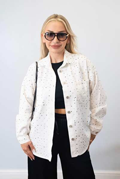 Muna Boutique Apat White Oversize Stone Embroidered Denim Jacket