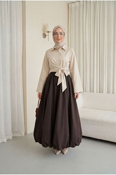 Modamorfo Φούστα μπαλόνι από ποπλίνα με ελαστική μέση και επένδυση - καφέ