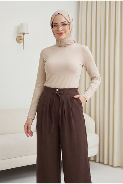 Modamorfo Ψηλόμεσο παντελόνι από τένσελ με διπλά κουμπιά και κορδόνια στη μέσ...