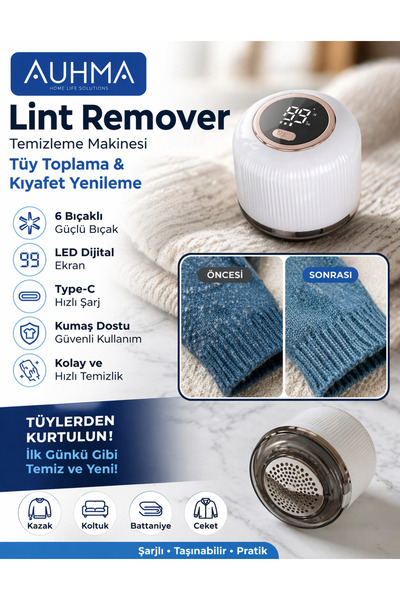 auhma Şarjlı Tüy Toplama Makinesi Lint Remover LED Ekranlı 6 Bıçaklı M116