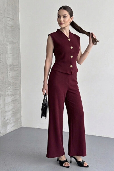 URİS Γυναικείο Βουργουνδί Κομψό Σετ με Λεπτομέρεια Γιλέκου με Κουμπιά και Φαρ...