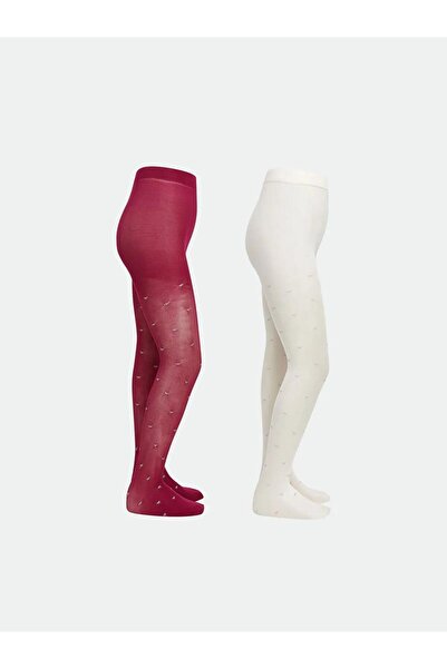 LC Waikiki Κοριτσίστικο λεπτό καλσόν με σχέδιο φιόγκου δαμασκηνί, σετ 2 τεμαχ...