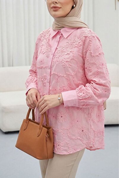 Modamorfo Πουκάμισο Mira με κέντημα λουλουδιών και κουμπιά - ροζ