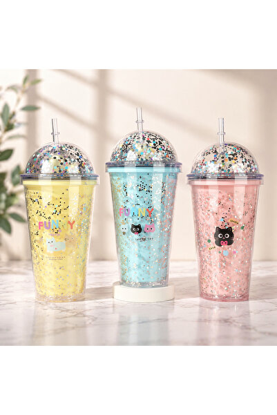 OEM Σετ 3 τεμαχίων γυάλινα ποτήρια διπλού τοιχώματος με καπάκι και καλαμάκι γ...