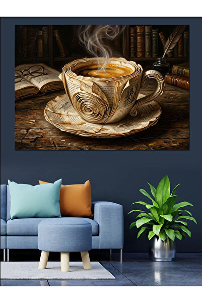 Artmeg Books and Coffee on Smoke Decorative Canvas - Mdf Wood Table