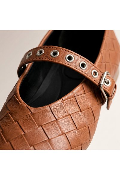 TopukTrend Women's Ballerina Leather Knitted Patterned Strappy Mary Jane Ballerinas, Stylish Comfortable Daily Women's Shoes