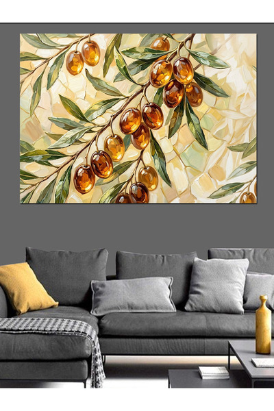 Artmeg Fresh Green Olives on a Branch Visual Decorative Canvas - Mdf Wood Tab...