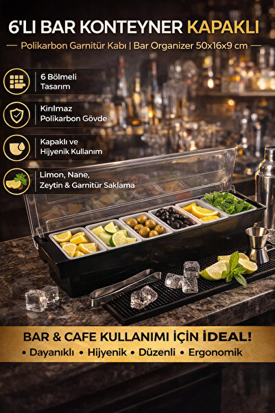 Biradlı 6’lı Bar Konteyner Kapaklı | Polikarbon Garnitür Kabı | Bar Organizer...