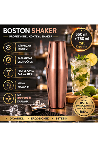 Biradlı Boston Shaker Çelik 550/750 ml | Profesyonel Kokteyl Shaker | Rose Go...