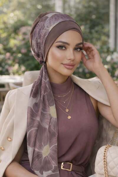 Aişe tesettür Φουλάρι με σχέδιο λουλουδιών βιζόν και καπέλο