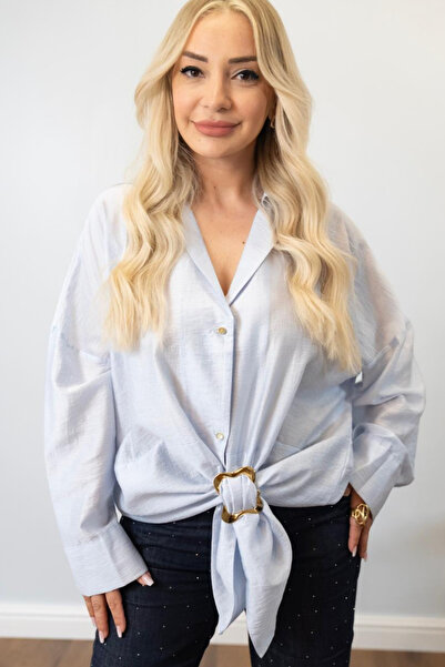 Muna Boutique Asali Blue Detachable Gold Buckle Detailed Tie-Up Shirt