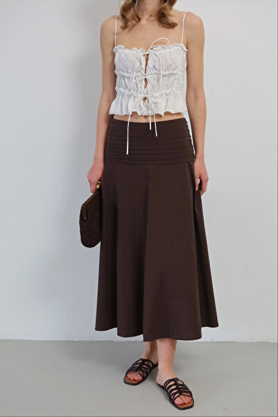 Lusin Γυναικεία καφέ φούστα με λεπτομέρεια με κορδόνια, ψηλόμεση, μίντι μήκου...