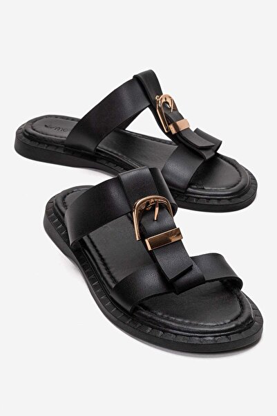 CCWAY AYAKKABI Women's 2-Piece Buckle Slippers Black
