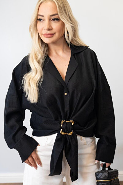 Muna Boutique قميص أسود أصلي بتفاصيل مشبك ذهبي قابل للإزالة