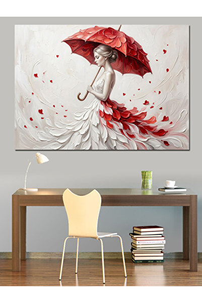 Artmeg Femeie în rochie albă cu umbrelă roșie - Tablou decorativ din pânză - ...