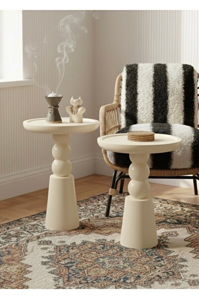 ASELYA HOME Doğal Ahşap 2’li Set Krem Mantar Yan Sehpa Modern Fiskos Zigon Çi...