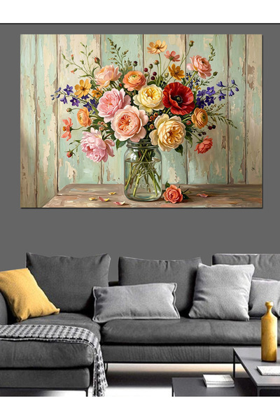 Artmeg Buchet de flori proaspete colorate într-o vază - Pânză decorativă - Ma...