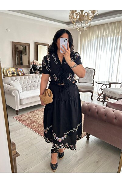 bussrabutik Nakış detaylı Bluz Etek pamuk takım