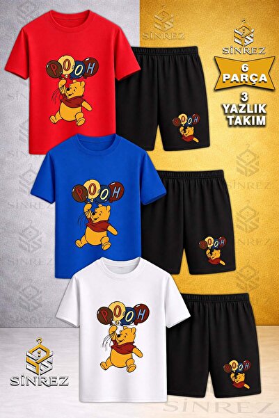 SİNREZ Children's Pooh Bear Balloons Printed Crew Neck 3-Piece T-Shirt - Shor...