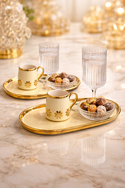 Maloria Cream Gold Floral Patterned Porcelain Turkish Coffee Cup Set |   90ml...