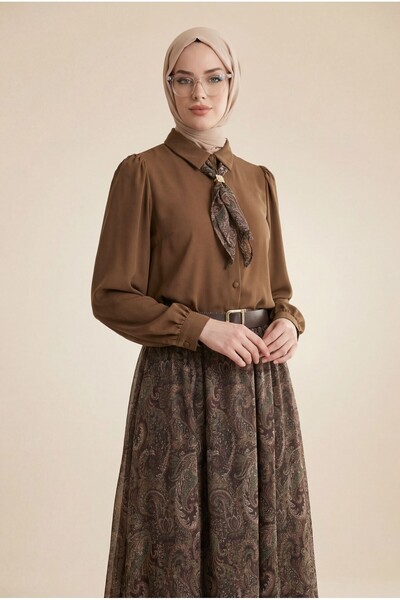 Modamorfo Buttoned Sleeves, Gathered Detail Skirt, Ethnic Patterned Suit - Brown