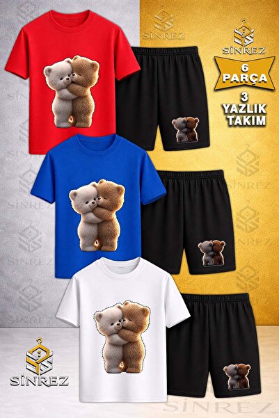 SİNREZ Children's Bear Hug 2-Piece Printed Crew Neck 3-Piece T-Shirt - Shorts...
