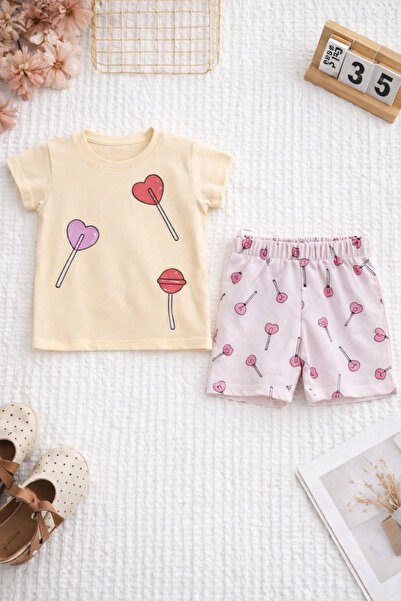 BABY SPORT طقم تي شيرت وشورت للفتيات مطبوع عليه حلوى، طقم كاجوال مريح