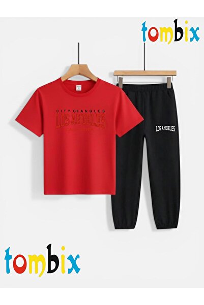 tombix Red Losangeles Text Printed T-Shirt and Sweatpants (with Pocket on the...