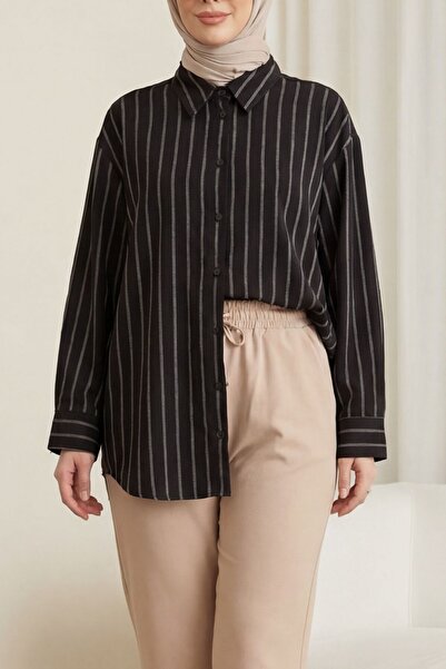 Modamorfo Ριγέ λινό πουκάμισο με κουμπιά και οβάλ κόψιμο - καφέ