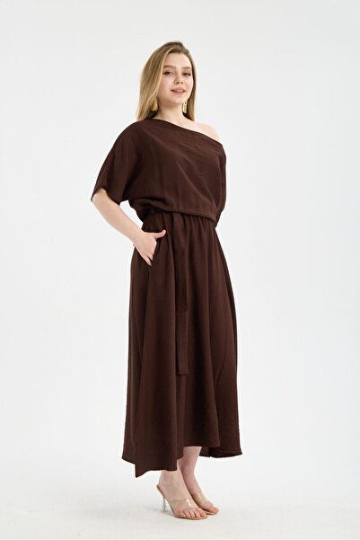 sumoda Γυναικείο λινό καλοκαιρινό φόρεμα με τσέπες, ζώνη και κοντά μανίκια