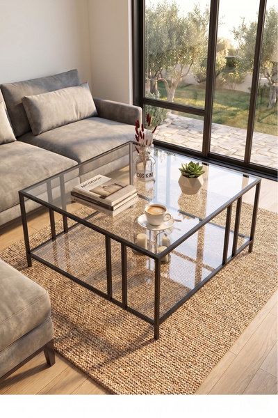 Cos.kim Vista Minimalist Tasarım İki Raflı Şeffaf Cam Orta Sehpa Siyah