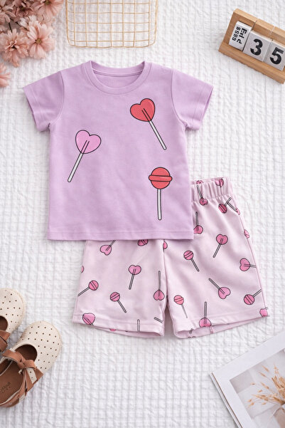BABY SPORT طقم تي شيرت وشورت للفتيات مطبوع عليه حلوى، طقم كاجوال مريح