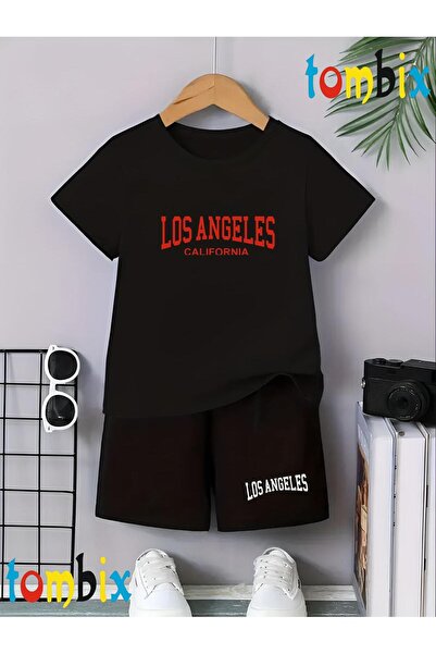 tombix Red Losangeles Text Printed T-Shirt Shorts Summer Children's Set