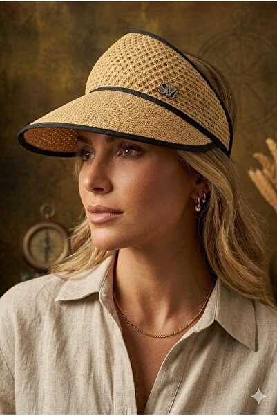 WOHOME Γυναικείο καπέλο από ψάθινο πλέγμα με ρυθμιζόμενο φαρδύ γείσο-Λογότυπο M