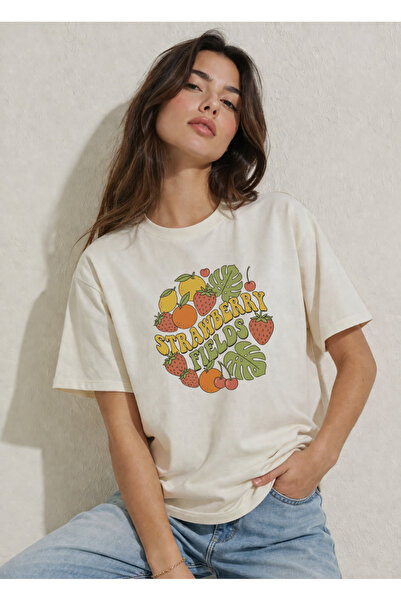 FREAK T-SHIRT Women's Ecru Oversize T-Shirt – Modern Graphic Print, 100% Cott...