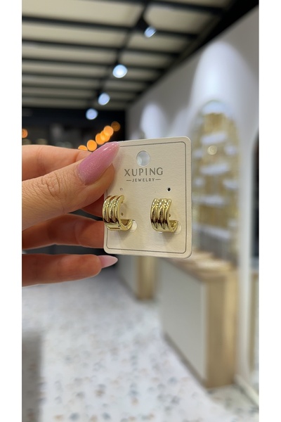 SU PERİSİ TAKI BİJUTERİ XUPİNG KARARMAZ 14K GOLD MİNİ ÇİZGİLİ KÜPE