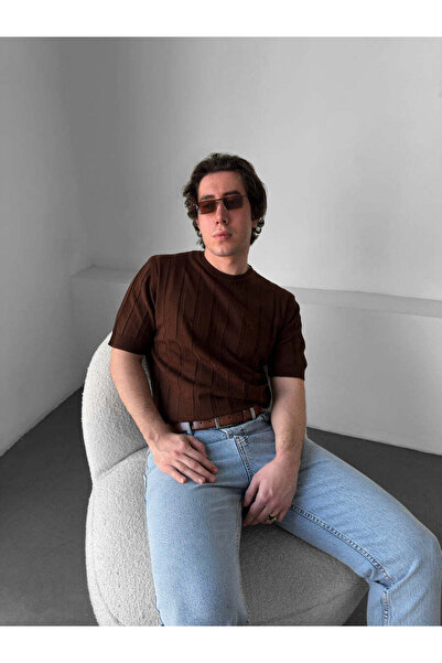 elkumoda Στυλ Old Money Ανδρικό T-shirt με κάθετες ρίγες, στενή εφαρμογή, πλε...