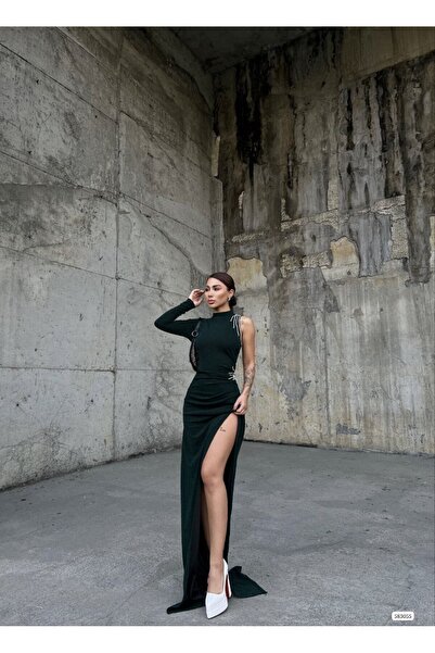 WoolnClyde Γυναικείο μάξι βραδινό φόρεμα με έναν ώμο, ασημί ύφασμα, λεπτομέρε...