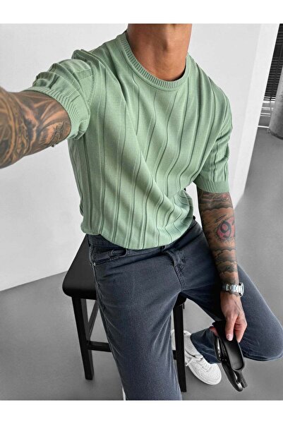 elkumoda Στυλ Old Money Ανδρικό T-shirt με κάθετες ρίγες, στενή εφαρμογή, πλε...