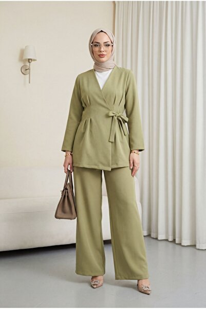 Modamorfo Imported Crepe Suit with Detailed Cross-Tie Front and Trousers - Green