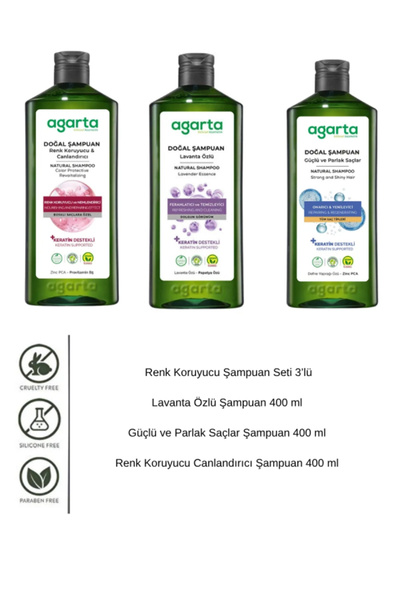 Agarta Renk Koruyucu Şampuan Seti 3’lü 400 ml ProVitamin B5 Keratin Vegan