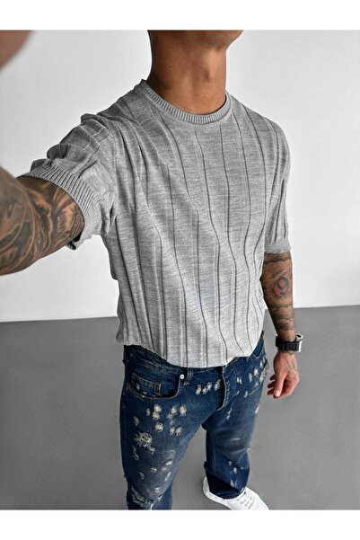 elkumoda Στυλ Old Money Ανδρικό T-shirt με κάθετες ρίγες, στενή εφαρμογή, πλε...