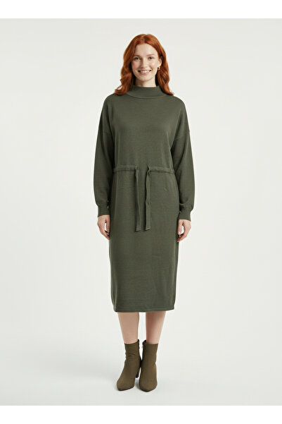 Neden Tekstil Γυναικείο Χακί Πλεκτό Μίντι Φόρεμα