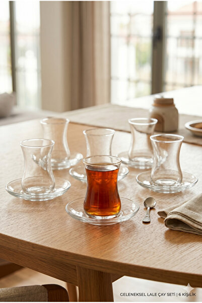 Homerest 6 Kişilik 12 Parça Klasik Şeffaf Cam Çay Bardağı Seti Lale Formlu Şı...