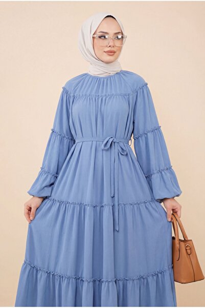 Modamorfo Φόρεμα σιφόν με στρογγυλή λαιμόκοψη και μανίκια μπαλόνι - μπλε