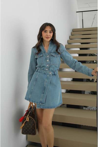 Havoş Ανοιχτό μπλε τζιν φόρεμα με μπροστινή τσέπη