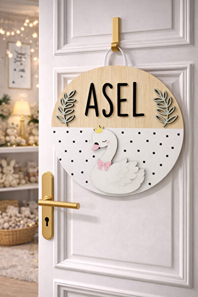 estölye El Yapımı Kuğu Temalı İsme Özel Yuvarlak Bebek Kapı süsü, Hastane Süs...