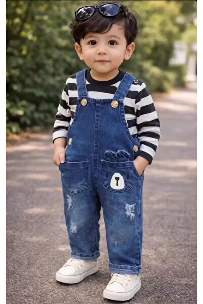 miyrem 6-18 Months Striped Badili Jeans Salopet Baby Set
