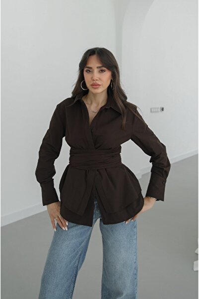 Havoş Καφέ πουκάμισο με ζώνη που τυλίγεται πάνω από το σώμα